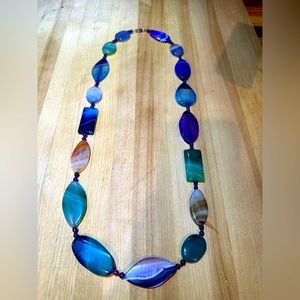 Multicolored agate, amethyst and sterling silver necklace, 36”